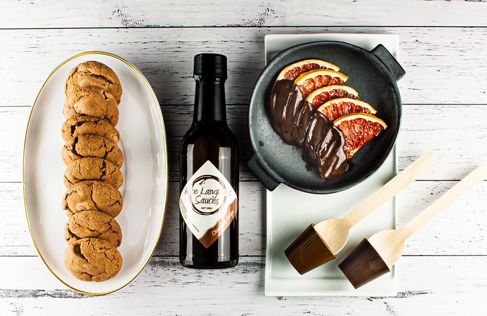 Choc Timeout - Fudge Sauce, Triple Choc Biscuits, Chocolate Spoons and Blood Orange Slices