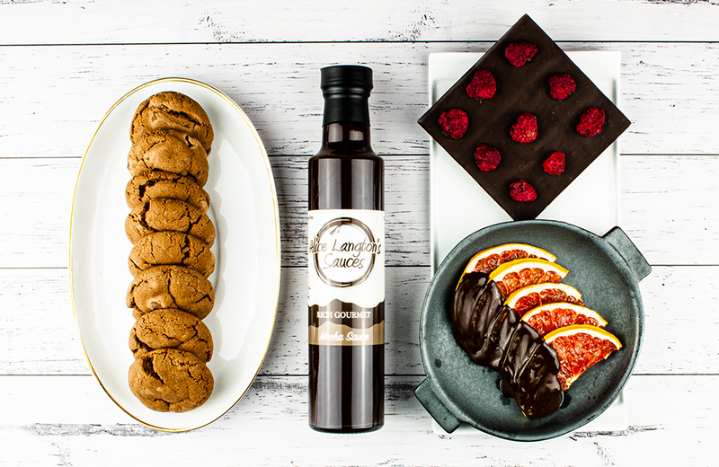 Choc Timeout - Mocha Sauce, Triple Choc Biscuits, Raspberry Dark Choc Slab and Blood Orange Slices