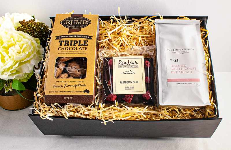 Tea Timeout - Deluxe South Coast Tea with Triple Choc Biscuits & Raspberry Dark Choc Slab